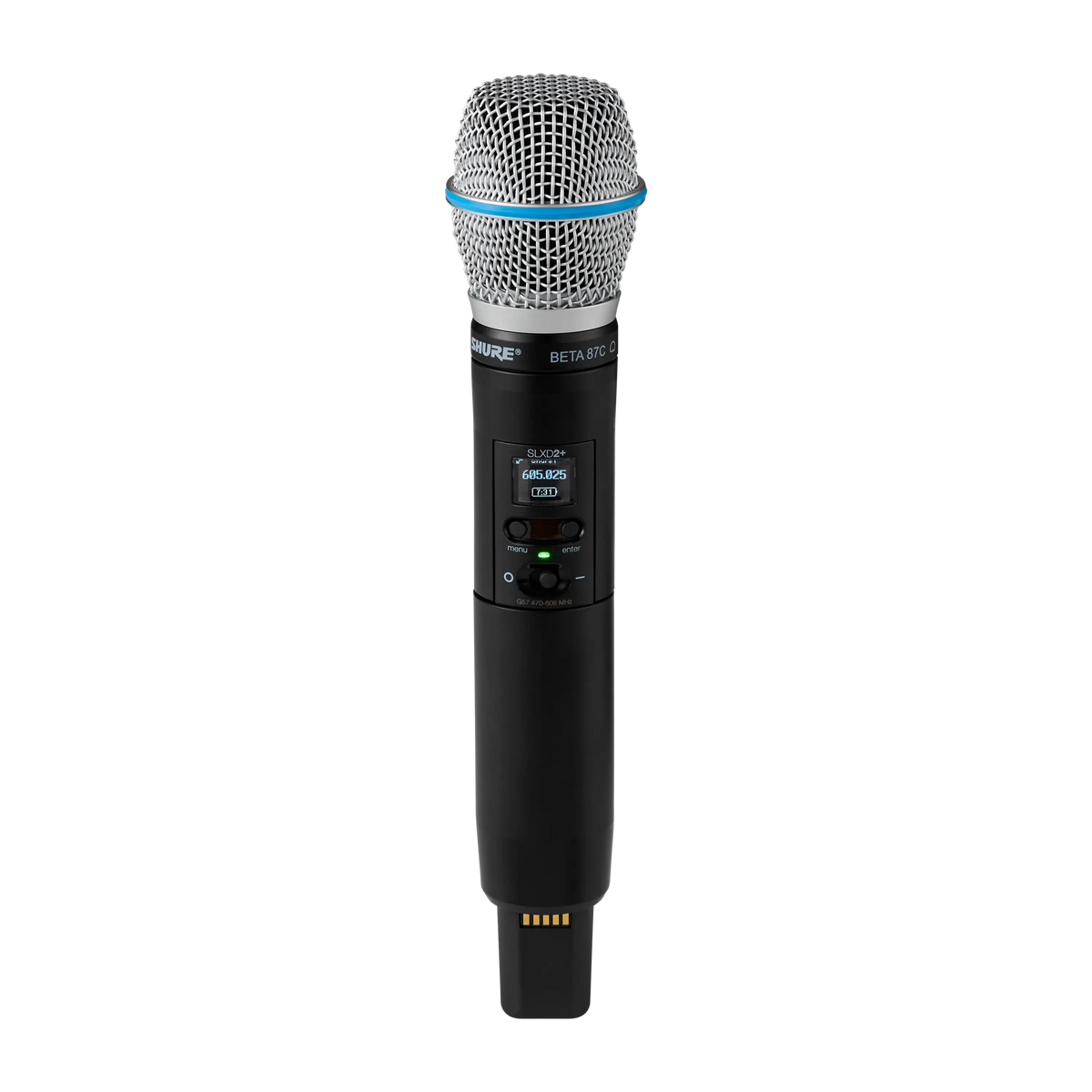 Shure Handheld Transmitter, Beta87C, TAA, frequency band G57 (470-608 MHz,
tuning range 138 MHz) - SLXD2+TA/B87C=-G57