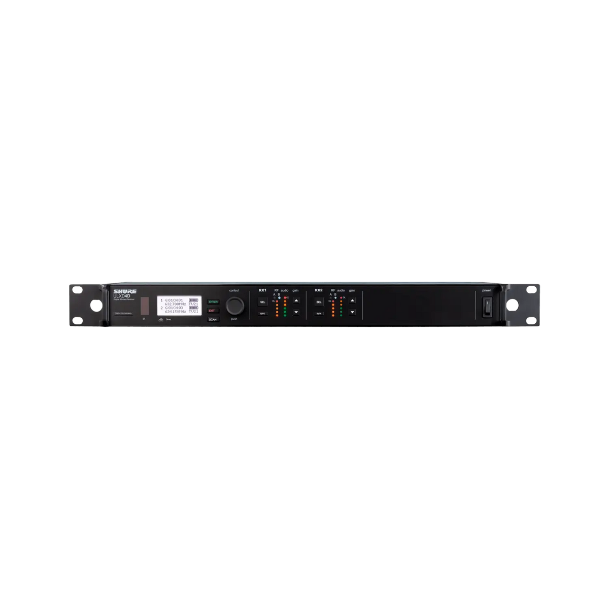 Shure Dual-Channel Digital Wireless Receiver, Frequency Band Version: G57
(470 - 608 MHz), TAA Compliant - ULXD4DGVTA=-G