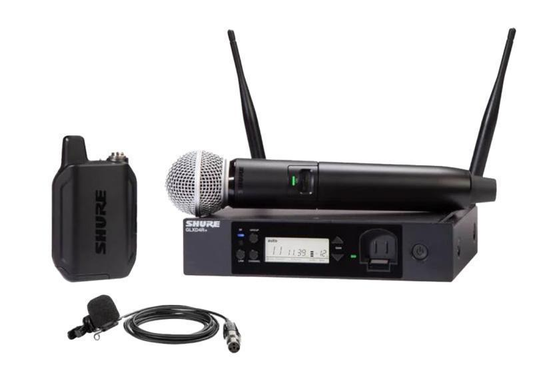 Shure Combo System with SM58(R) microphone handheld, WL185M lavalier
microphone, and half-rack GLXD4R+ receiver. - GLXD1