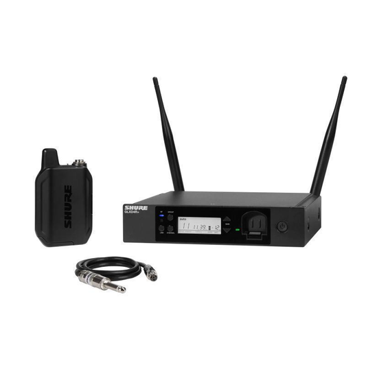 Shure GLX-D+ Dual Band Wireless Rack System features the WA302 guitar cable
and the GLXD4R+ half-rack receiver. - GLXD14