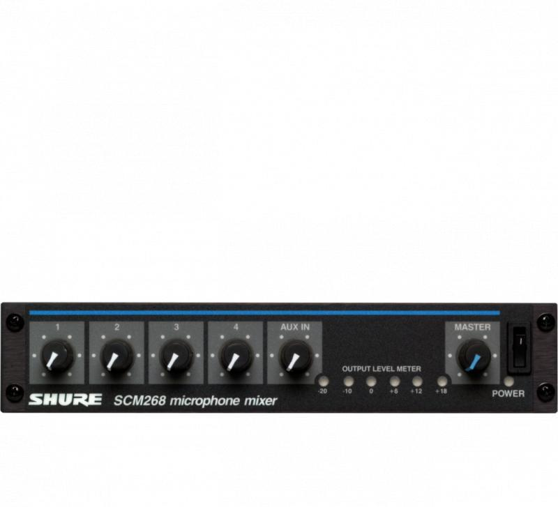 Four-Channel Transformer Balanced Microphone Mixer with Phantom Power, AC
Only, Half Rack Space, Single and Dual Mount -