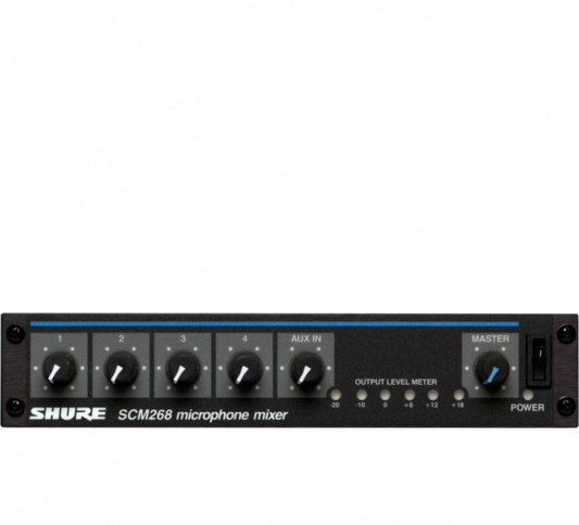 Four-Channel Transformer Balanced Microphone Mixer with Phantom Power, AC
Only, Half Rack Space, Single and Dual Mount -