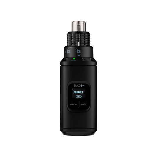 Shure SLXD3+ Plug-On Digital Wireless Transmitter with patented wobble-free
locking ring, 12/48V phantom power, USB-C po